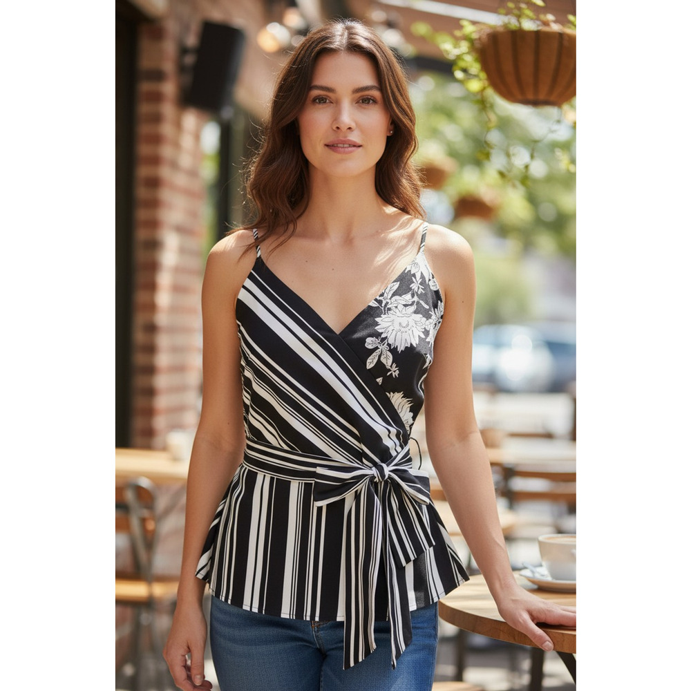 White House Black Market Surplice Top Women 8 Stripe Floral Wrap Belted NWT $130